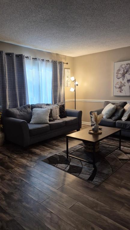 a living room with two couches and a coffee table at A Beautiful Sunset in Clarksville