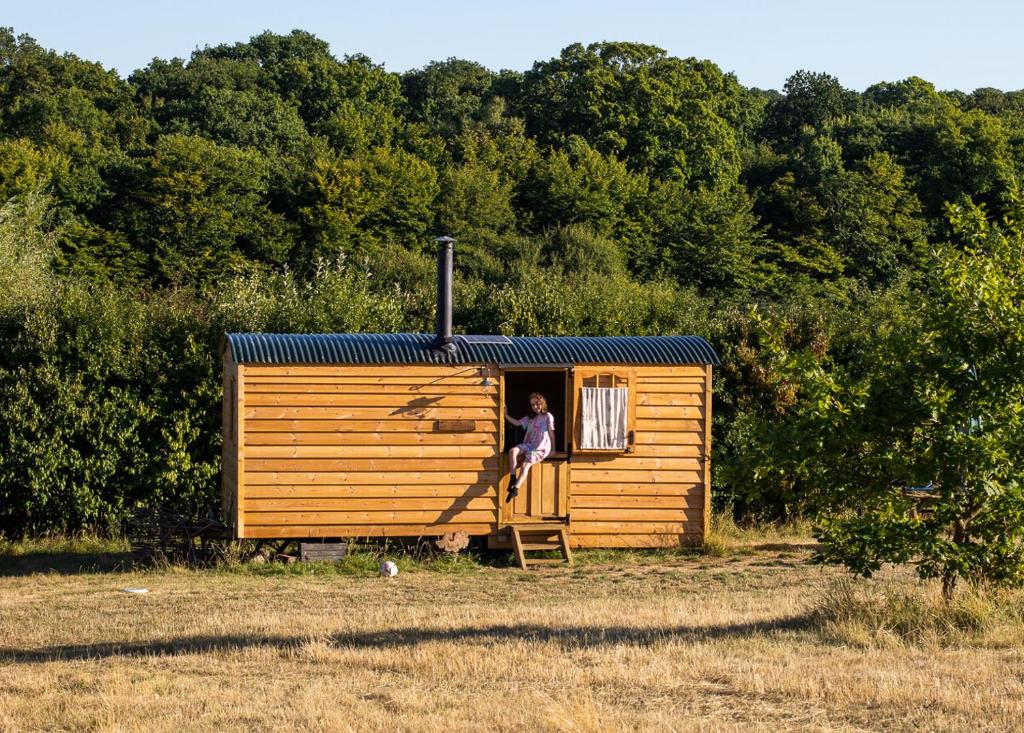 a person is sitting in the door of a tiny house at Honeysuckle Shepherds Hut at Blean Bees Eco Glamping in Canterbury