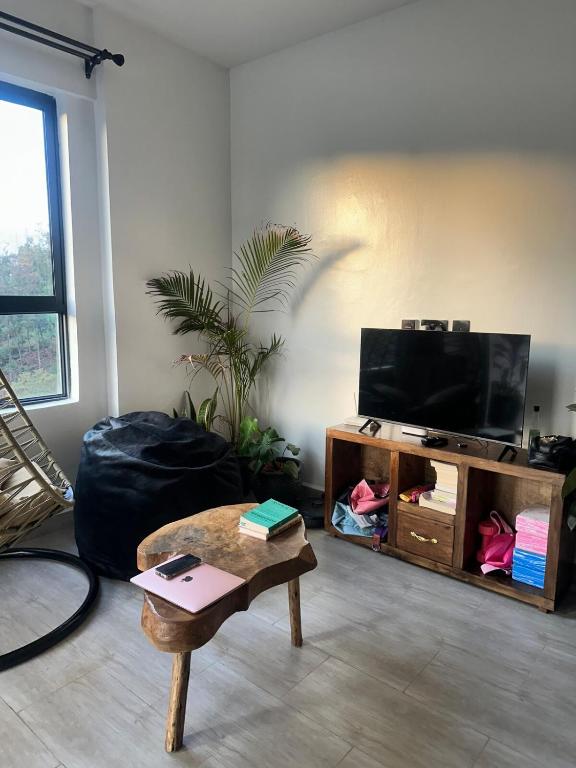 ein Wohnzimmer mit Fernseher und Couchtisch in der Unterkunft Kitisuru Zen Stay in Gatunga