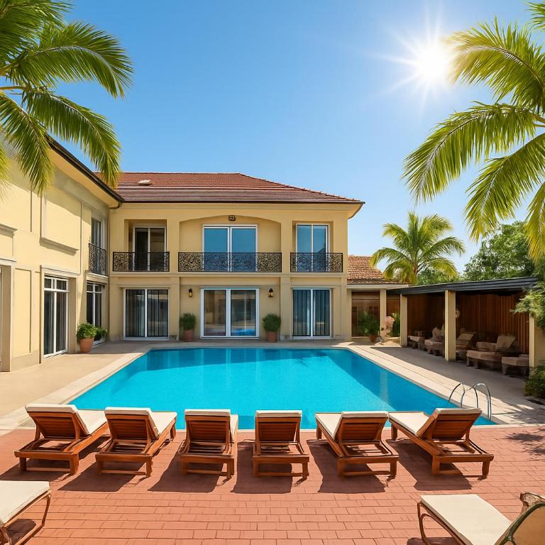 a swimming pool with chairs and a house at Hotel ERA in Pristina