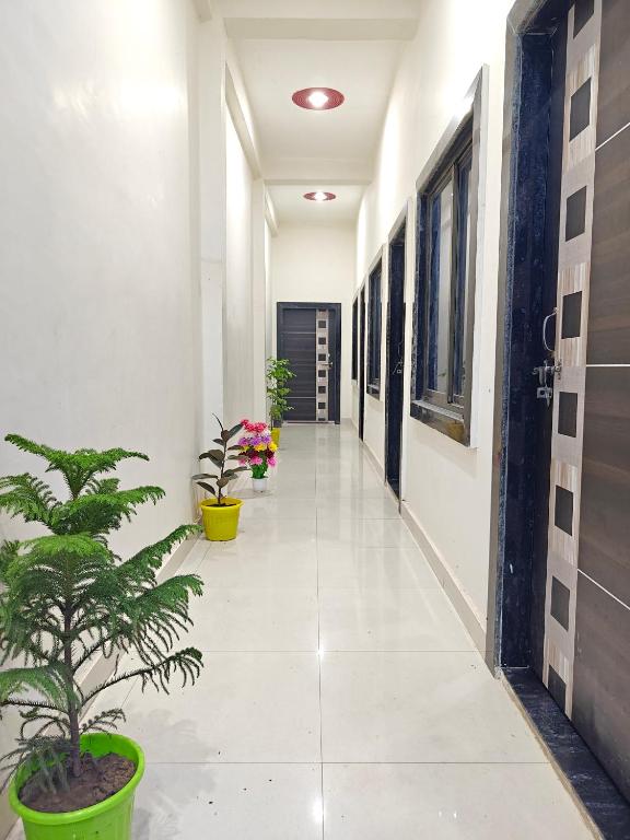 a hallway with potted plants in a building at Krishna guest House luxury stay in Ayodhya - 600 meter away from ram mandir in Ayodhya