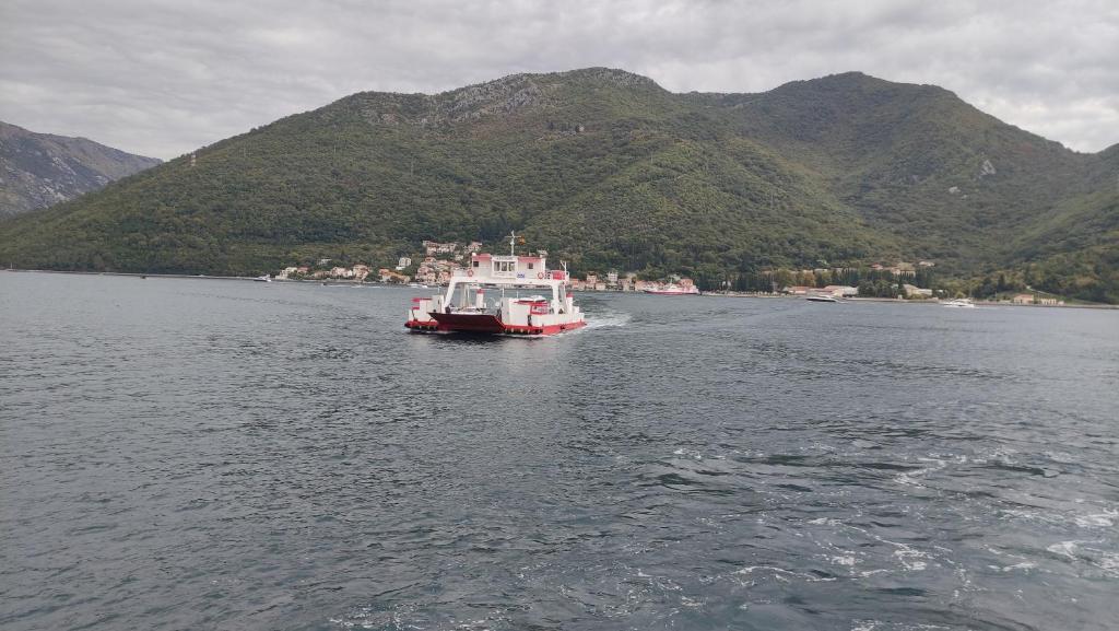a red and white boat in a large body of water at Woodpecker Hostel Montenegro in Zelenika
