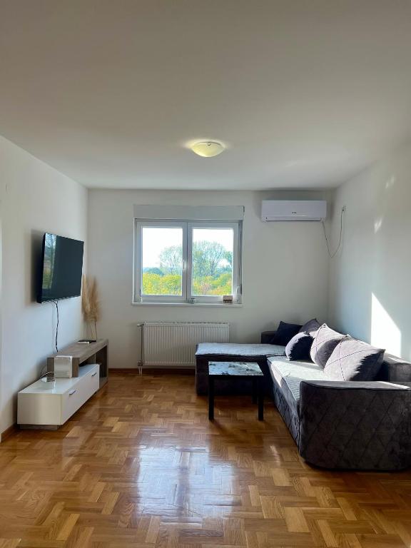 Una sala de estar con un sofá y un televisor de pantalla plana. en Apartman Kalina, en Belgrado