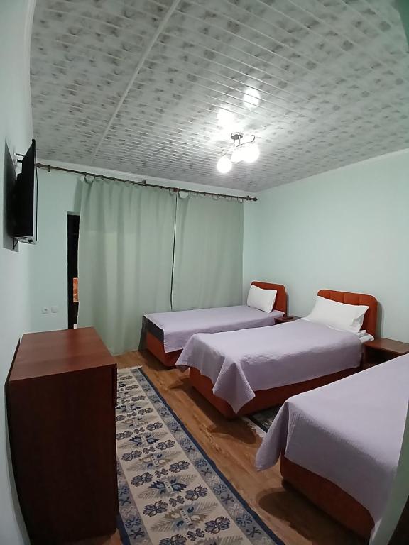 a room with two beds and a tv in it at AltynAi Guest House in Cholpon-Ata