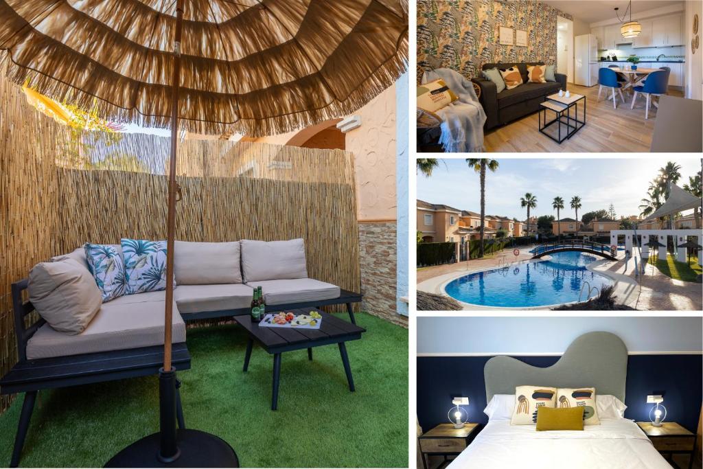 ベラにあるChill-out # Playa a 8min # NETFLIX # Relax # Apartamentoのプールと麦わら傘のあるリビングルーム