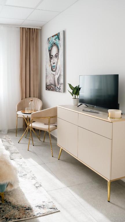 a living room with a television and a couch at Star house Sereď in Seredʼ