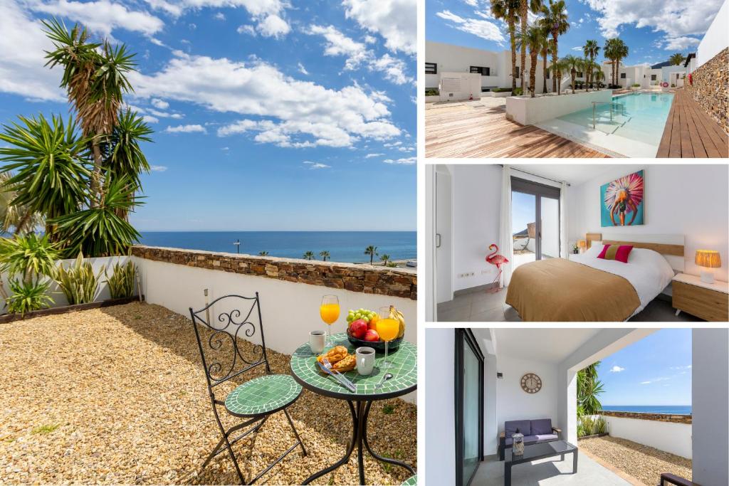 a collage of photos showing a hotel room with a view of the ocean at Resort Macenas #Vistas al mar #Largas estancias #Cuna in Mojácar