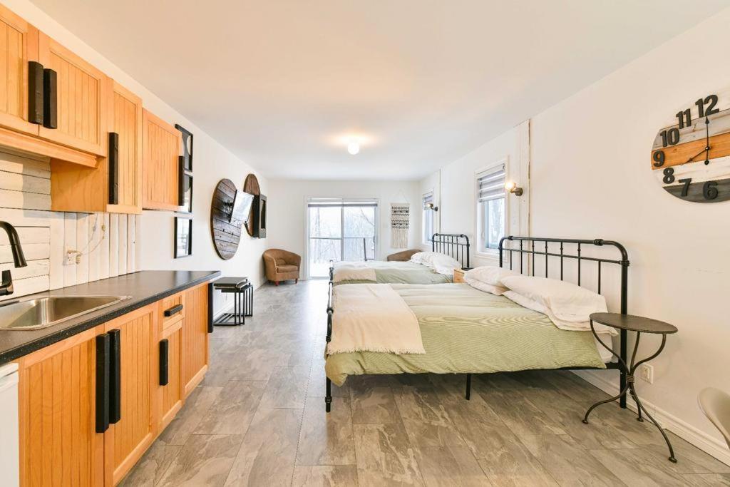 eine Küche mit 2 Betten in einem Zimmer in der Unterkunft Domaine Des Montagnais - Suite Astro 1 in Notre-Dame-Des-Bois
