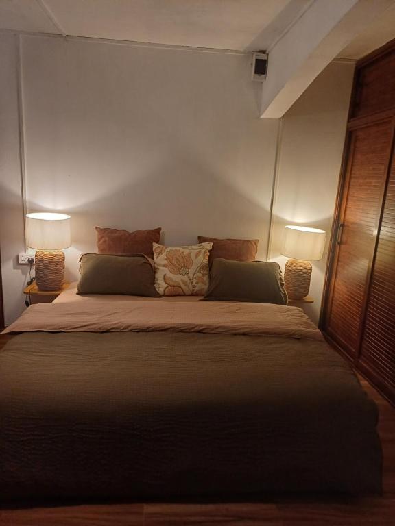 a bedroom with a large bed with two lamps at Trich Studio in La Gaulette