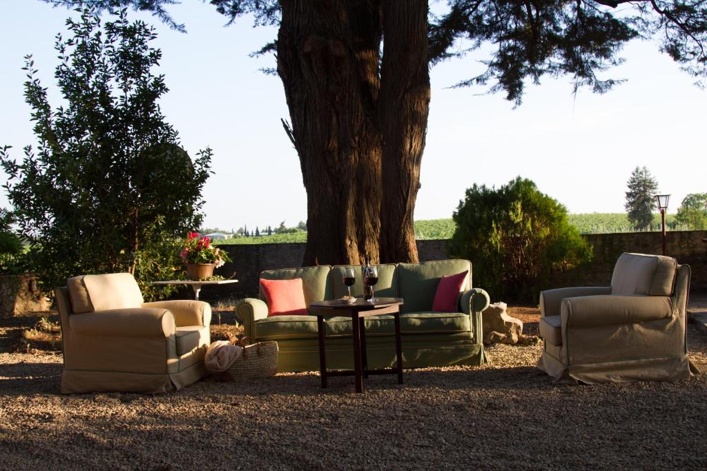 3 Stühle und ein Tisch vor einem Baum in der Unterkunft Villa Fillinelle in Tavarnelle in Val di Pesa