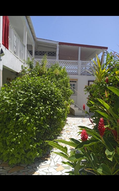 a courtyard of a building with bushes and a walkway at Les jardins de VALENTIN 2 in Le Gosier