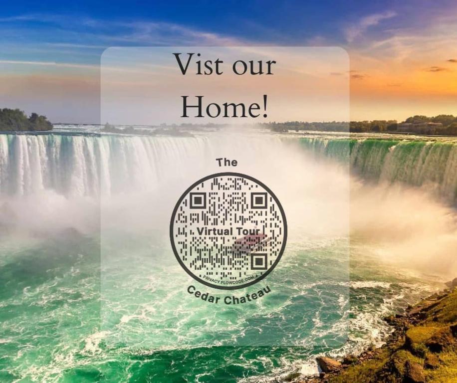 a picture of niagara falls with the words visit our home at Group Friendly 6BR Near Aquarium & Niagara Falls in Niagara Falls
