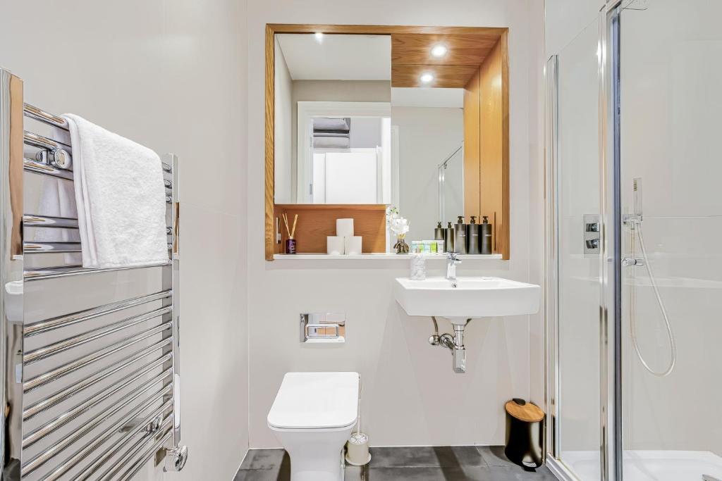 a bathroom with a toilet and a sink and a shower at The Cosy Luxe in Slough