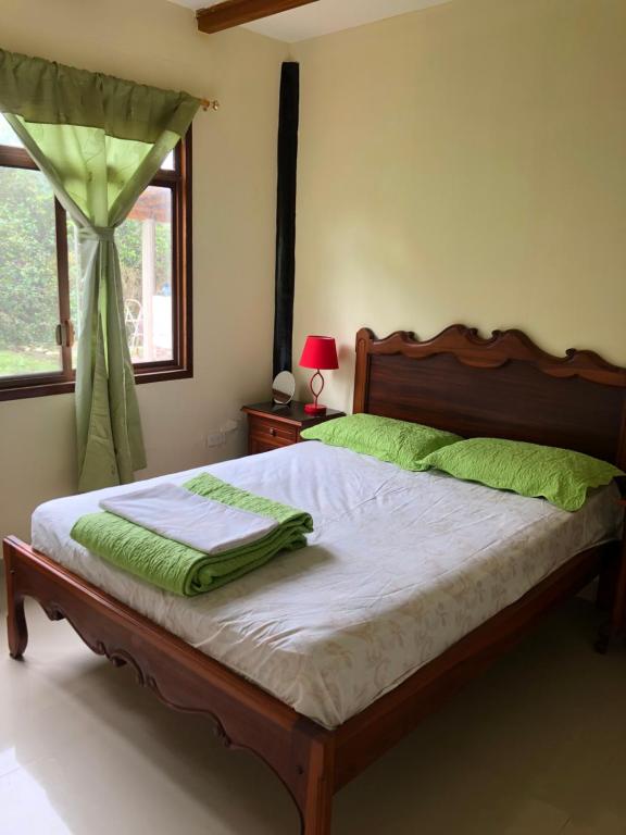 een slaapkamer met een bed met groene lakens en een raam bij Alma y Palma Casa Campestre in Pedro Vicente Maldonado