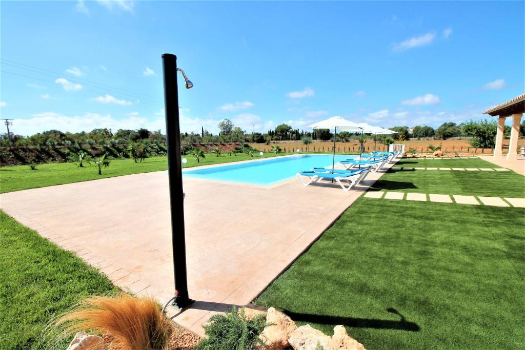 a swimming pool with lounge chairs in the grass at Ferienhaus Son Pieres Nou in Llucmajor