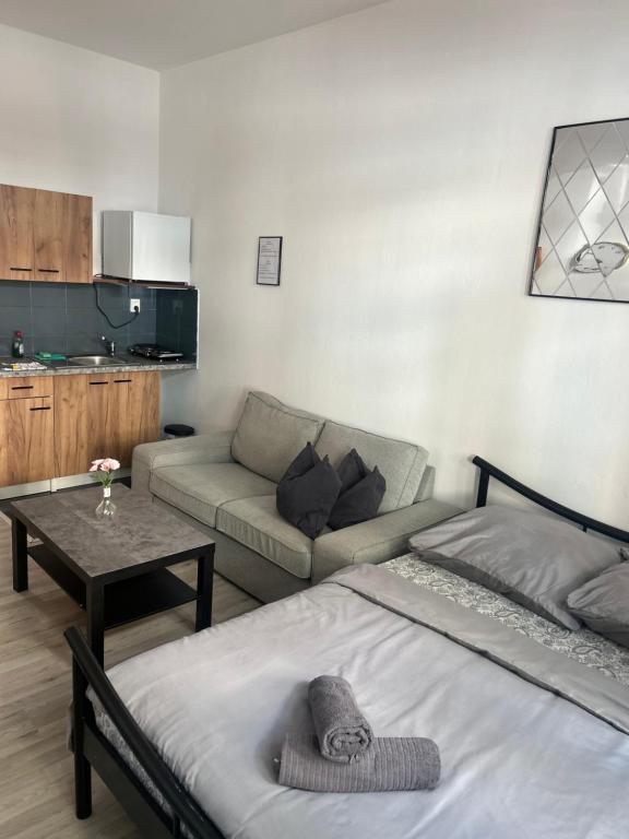 a living room with a bed and a couch at New May Apartment in Staré Mesto
