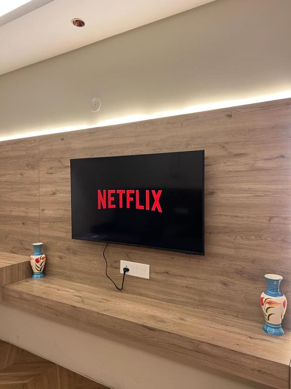 a television on a wall with a netflix sign on it at Elite Stay near Expo Mart Delta 1 metro in Greater Noida