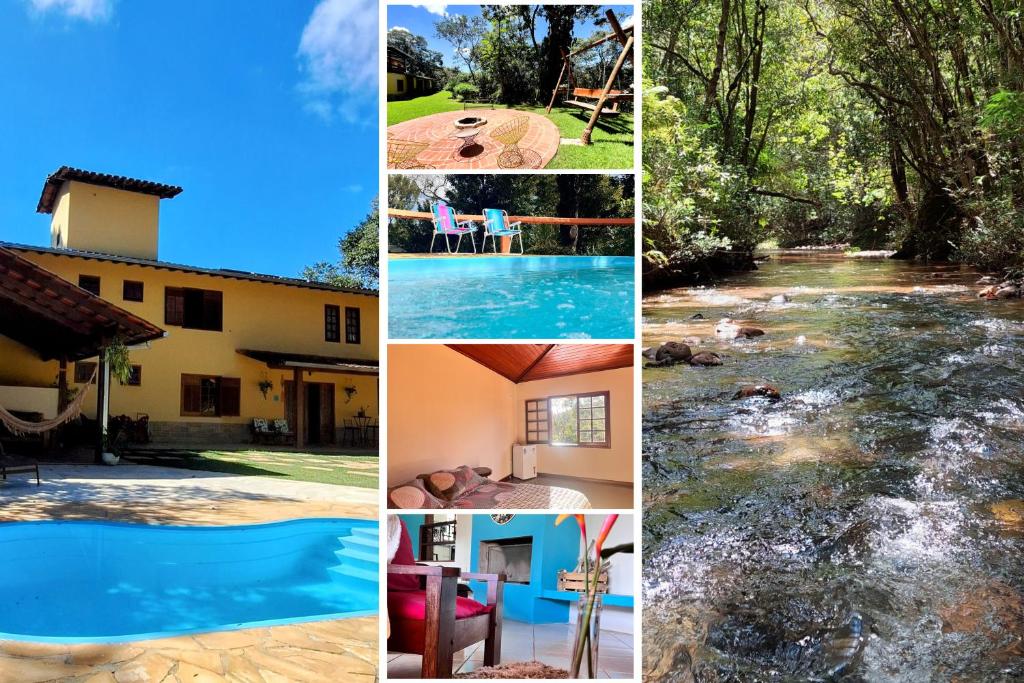 un collage de photos d'une rivière et d'une maison dans l'établissement PISCINA AQUECIDA, 5 SUÍTES, trilha privativa até o riacho, Wi-fi, estacionamento, ampla área externa cercada de natureza exuberante - 200m do vilarejo, à Nova Lima