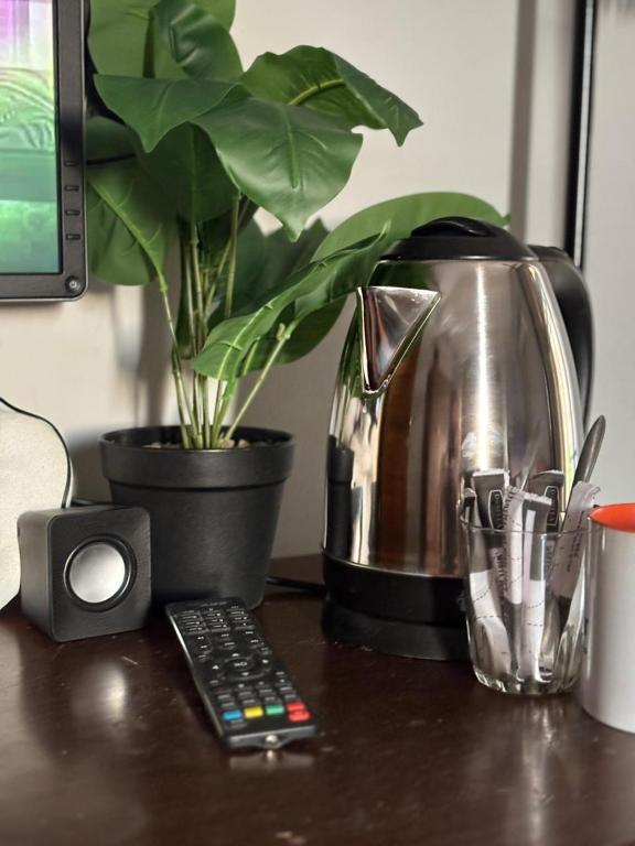 a coffee pot sitting on a table next to a plant at Fifth Settlement Guest Rooms in New cairo