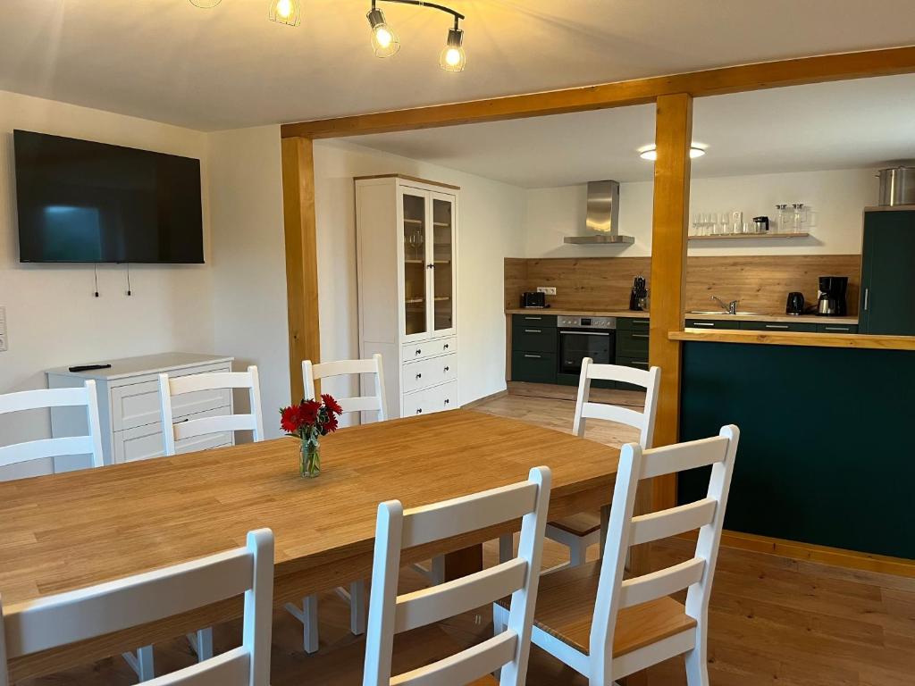 a kitchen and dining room with a wooden table and chairs at 4-Steine-Blick, Wohnung 1 in Schöna