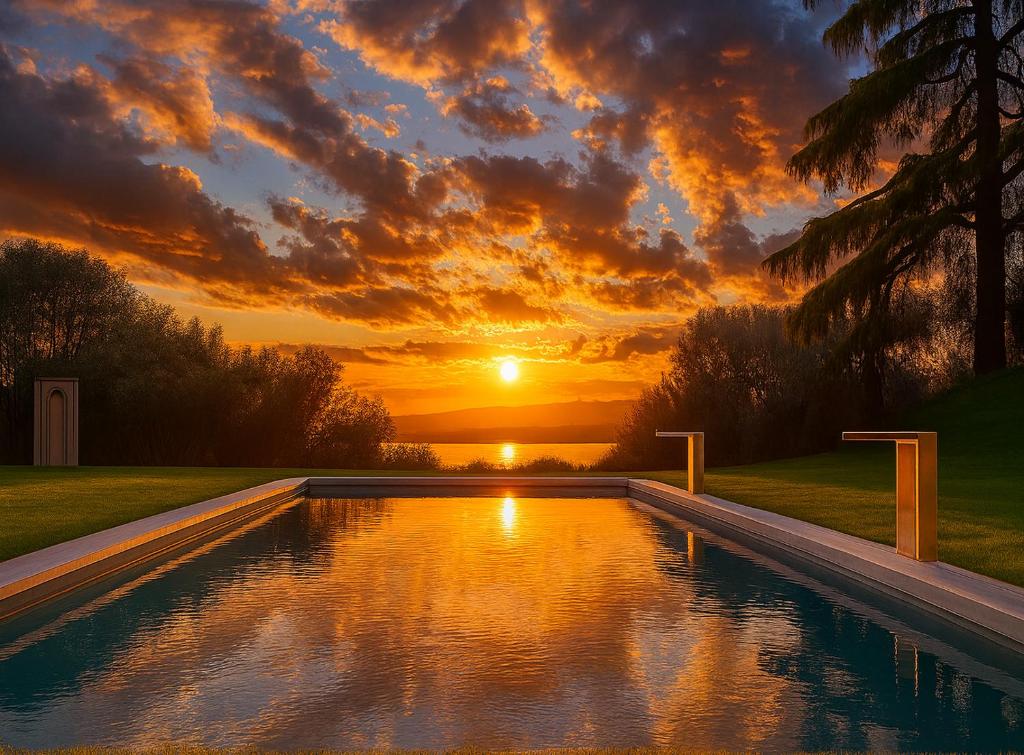 a pool with a sunset in the background at Relais Forte Benedek Wine & SPA - Adults Only in Pastrengo