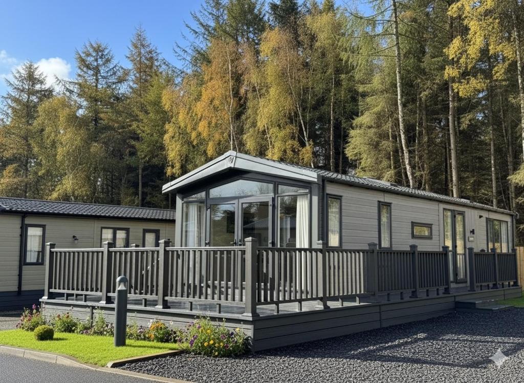 Una casa modular con una valla alrededor. en Luxury Lodge, 