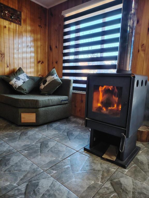 a living room with a fireplace and a couch at Cabañas Del Monte 3 in Melipeuco