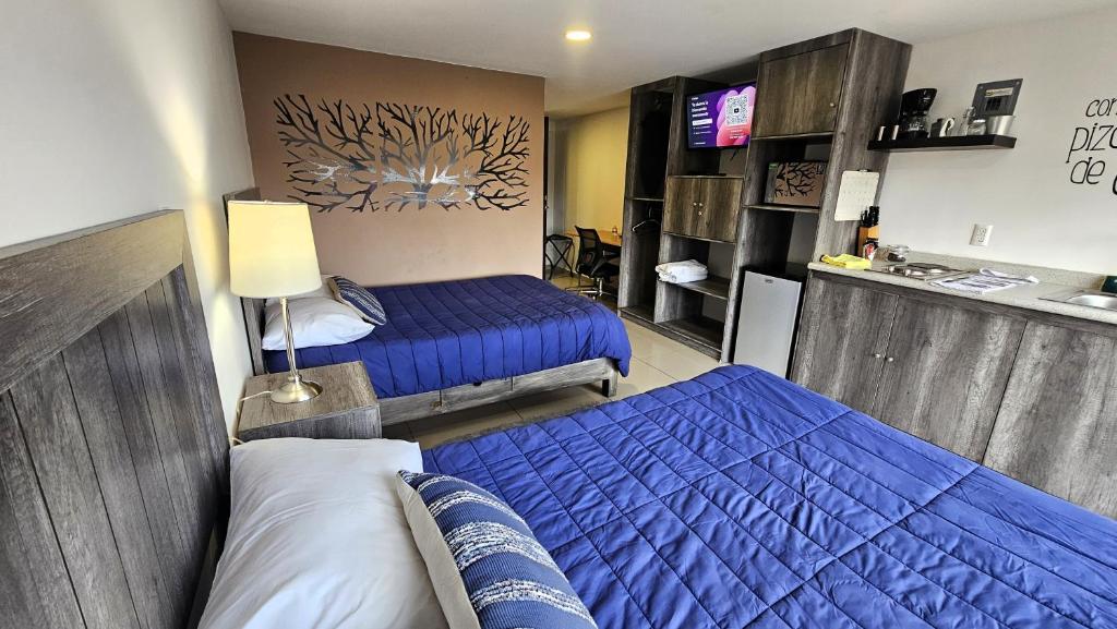 a bedroom with two beds and a tv in it at SUITE SEIS SEIS SUITE DOBLE Premium Suite TEC CEM con Cocineta WiFi Balcón Parking Terraza in Mexico City