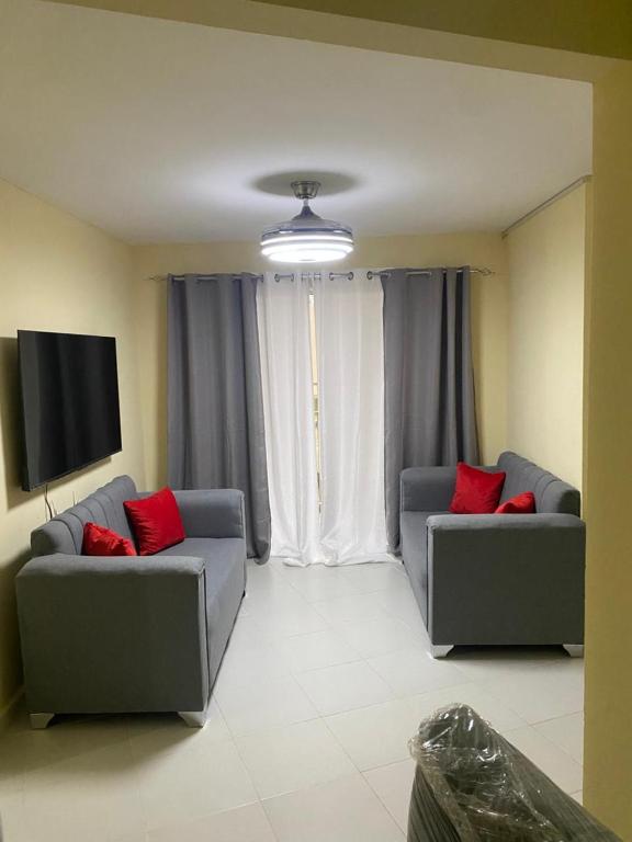 a living room with two gray couches and red pillows at Urban charm in Santo Domingo