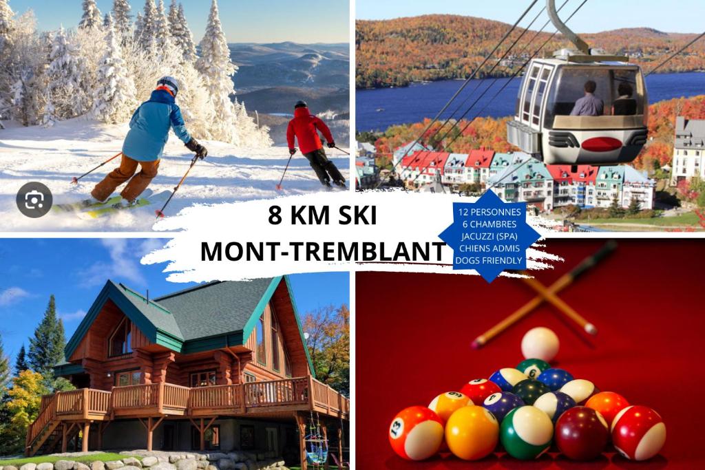 a collage of pictures of a ski resort at TREMBLANT Accès LAC et rivière SPA BILLARD FOYER Jaccuzi fireplace pool table lake and river access in Lac-Superieur