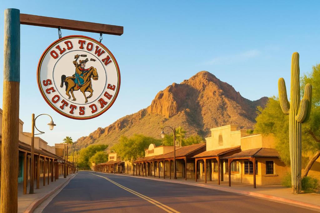 a sign for a rodeo hotel on a street at OldTown, Splash Pad & Park, Camelback Mountain trails, Desert Chic Retreat in Scottsdale