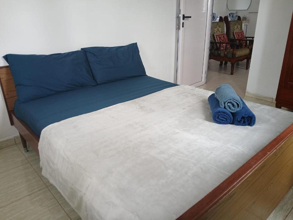 a bed with blue pillows on top of it at Gris Gris Guest House in Souillac