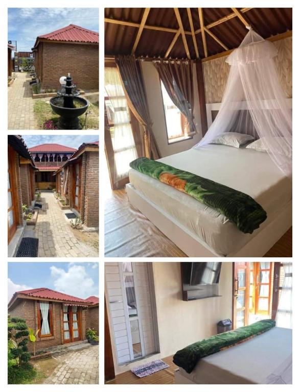 a collage of four pictures of a bed and a house at Villa Della Puncak 2000 Siosar in Talunkota