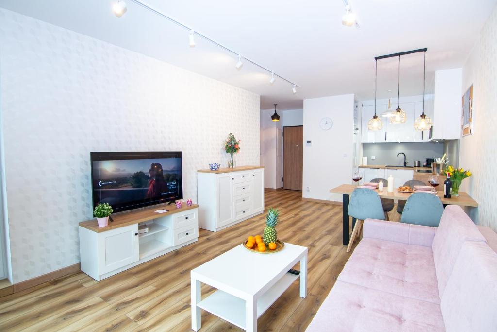 un salon avec un canapé, une télévision et une table dans l'établissement Maya's Flats & Resorts 48 - Szafarnia, à Gdańsk