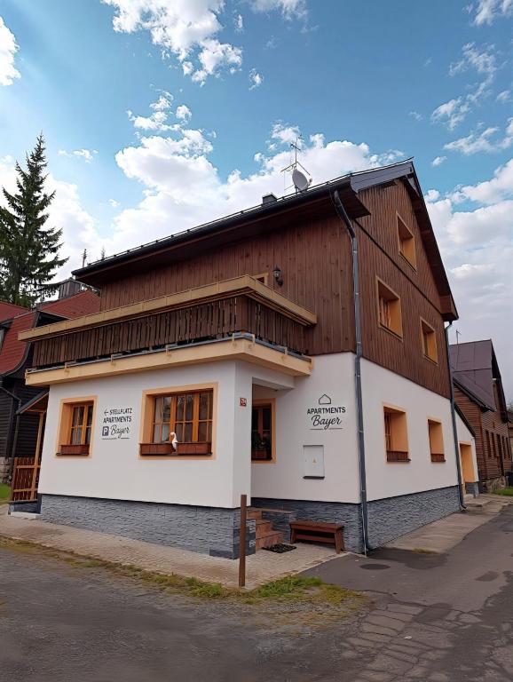 a large wooden building with windows on a street at Apartments Bayer - ex Apartments Pavel in Abertamy