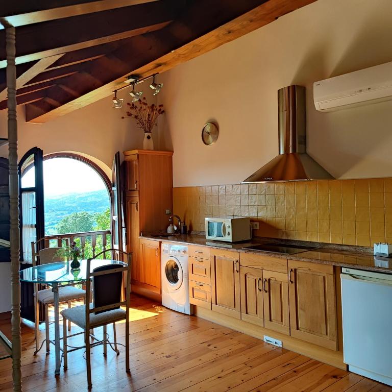 a kitchen with a table and a stove top oven at Apartamentos El Caballar in Sandoñana