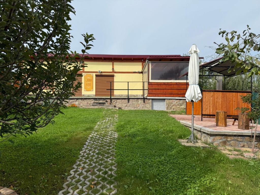 a lawn with an umbrella and a house at Casuta MARI in Săldăbagiu de Munte