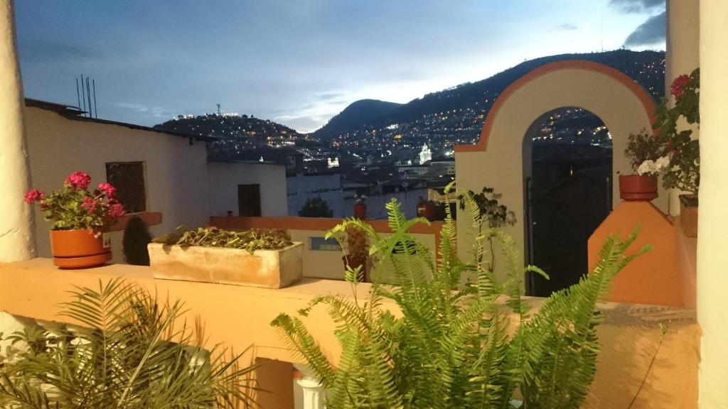 キトにあるCasa Vista Hermosa Quitoの植物が植わるバルコニーから市街の景色を望めます。