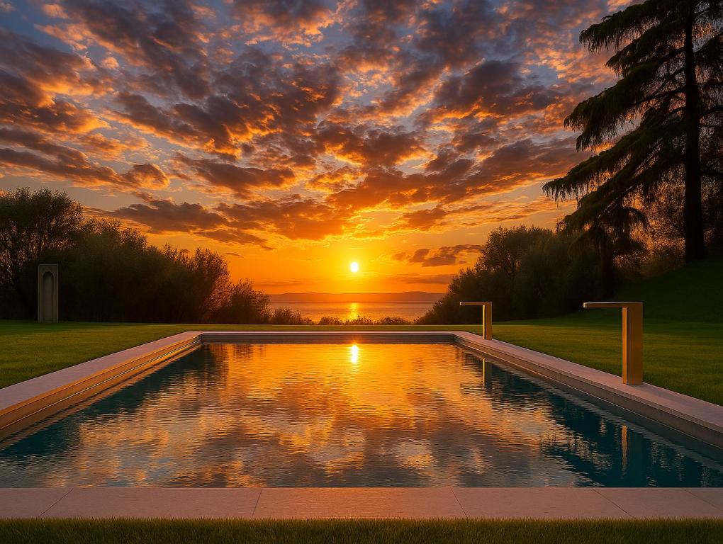 a swimming pool with a sunset in the background at Relais Forte Benedek Wine & SPA - Adults Only in Pastrengo