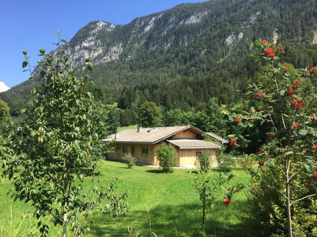 een huis in een veld met een berg op de achtergrond bij Achberghütte in Unken