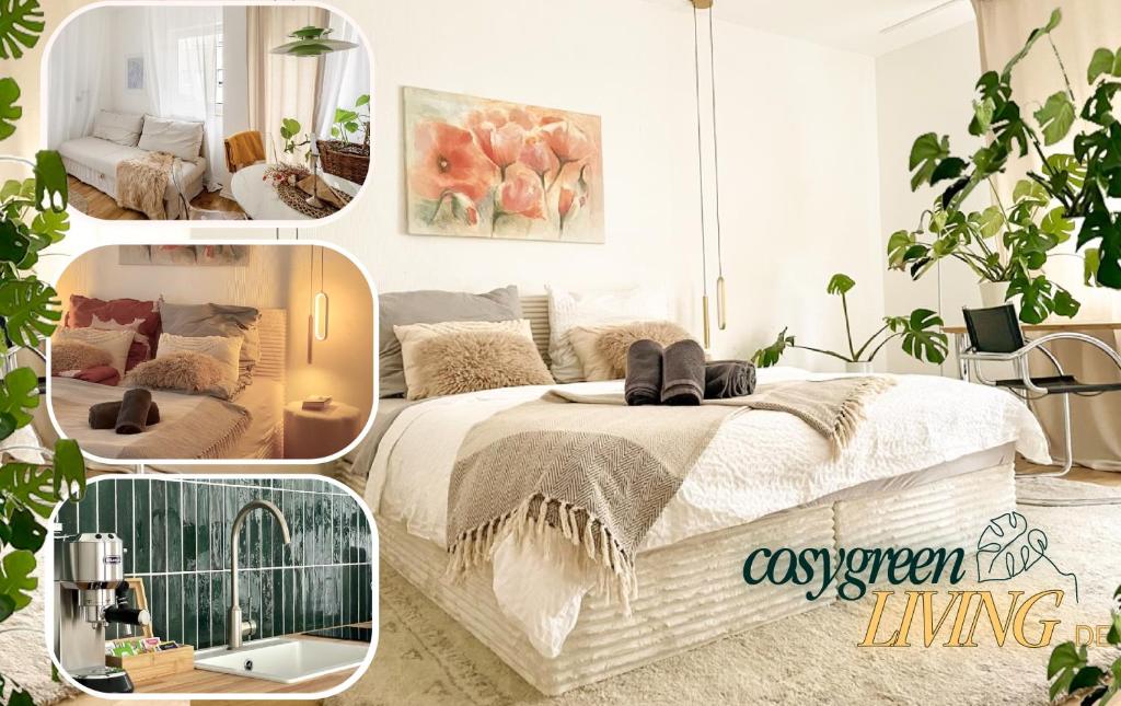 a collage of a bedroom with a bed and a living room at Modernes Designer Loft mit Flair in Hochheim & Tiefgarage in Hochheim am Main
