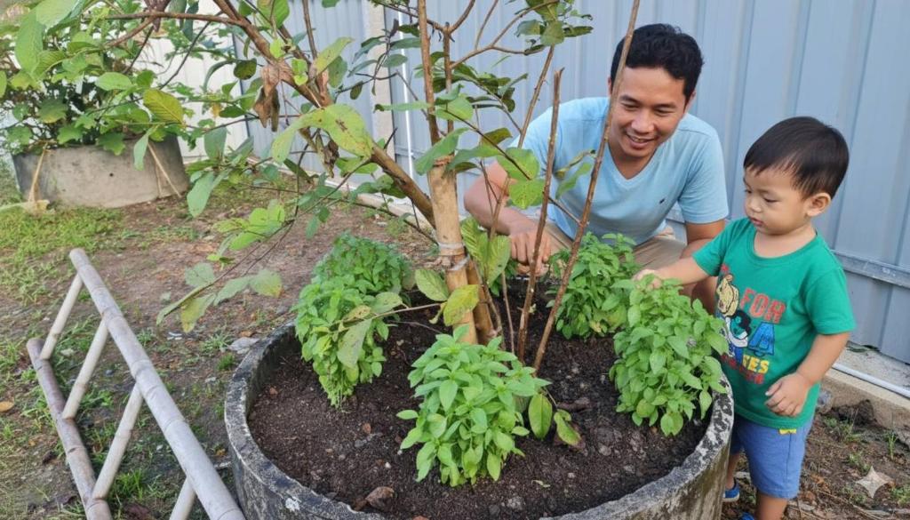 a man and a young boy standing next to a plant at Supunpong Pool Villa in Nakhon Nayok