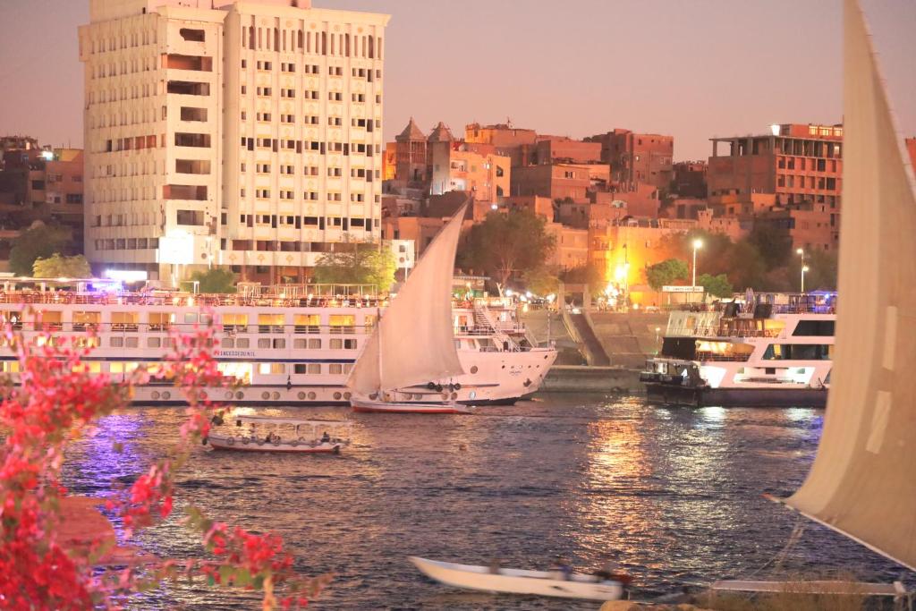 un groupe de bateaux dans une rivière avec des bâtiments dans l'établissement Crystala 2 guest house, à Assouan
