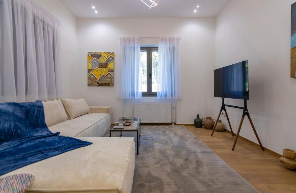 a living room with a couch and a flat screen tv at Timeless 1 bedroom Luxury at Panathenaic Stadium in Mesochórion