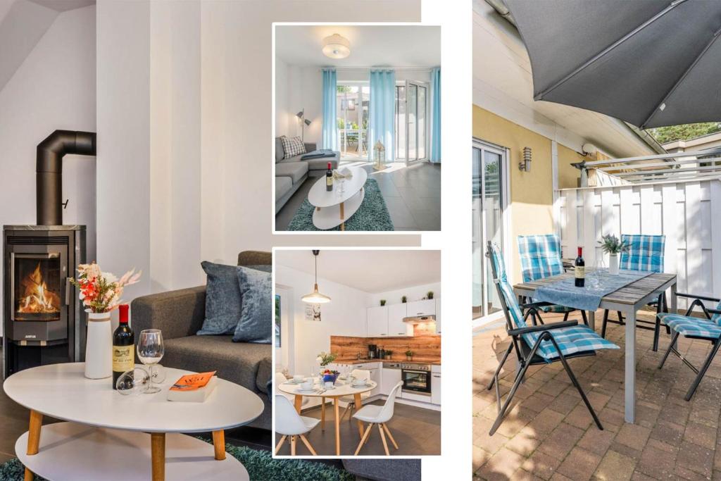 a collage of photos of a living room and dining room at Waldsiedlung Möwenkoje in Korswandt
