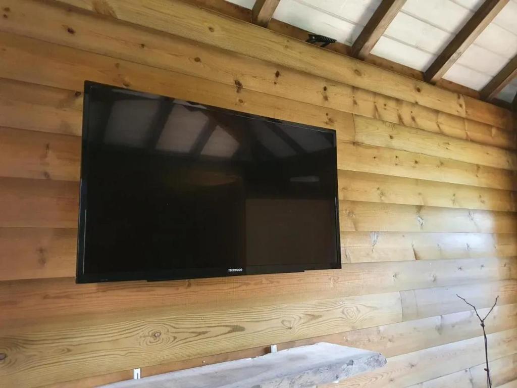 a flat screen tv on the wall of a log cabin at Studio cosy à La Plaine-des-Palmistes, 18 m², jardin in Bras des Calumets