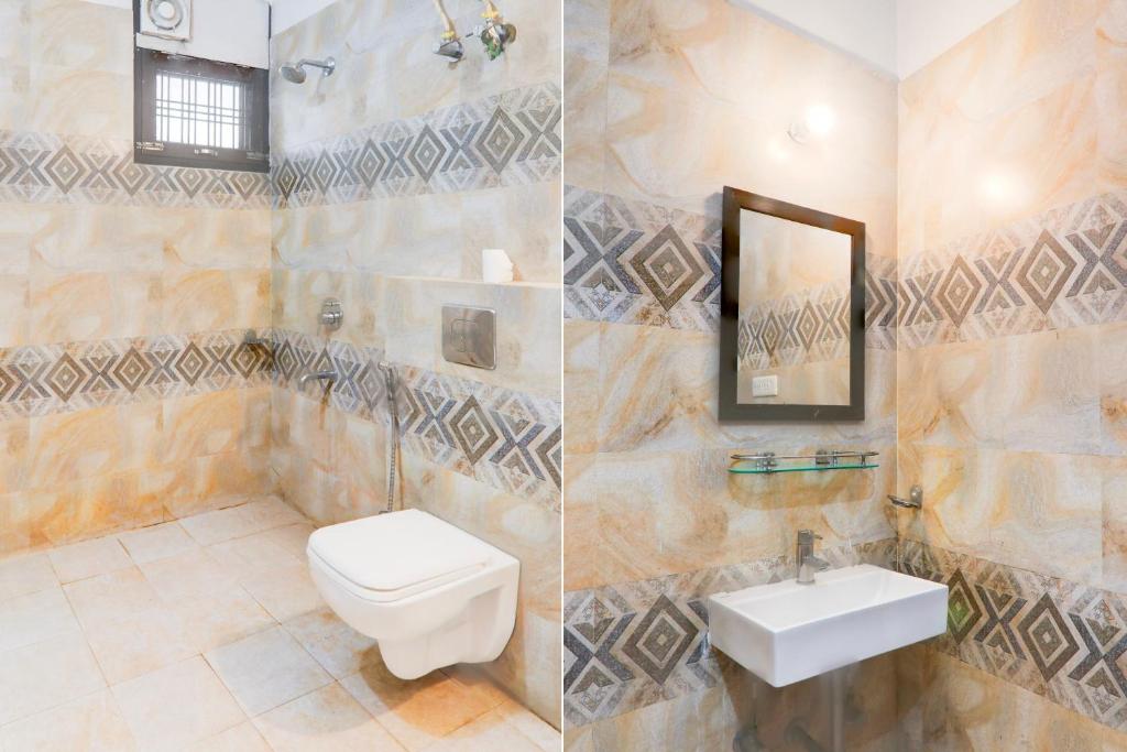 twee foto's van een badkamer met toilet en wastafel bij Hotel O IIDM ECO CENTRE in Lucknow