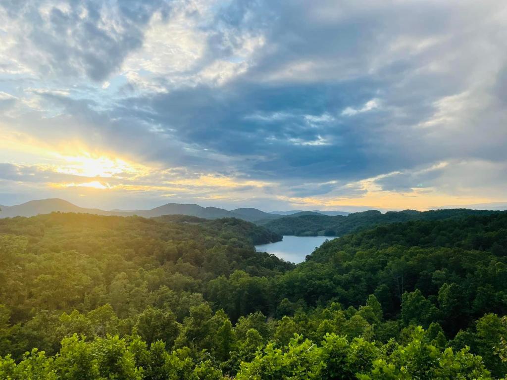 a view of a lake in the middle of a forest at Hiwassee Lake Lodge - Private Mtn-Top Retreat - Lake Views - Sleeps 14 in Murphy