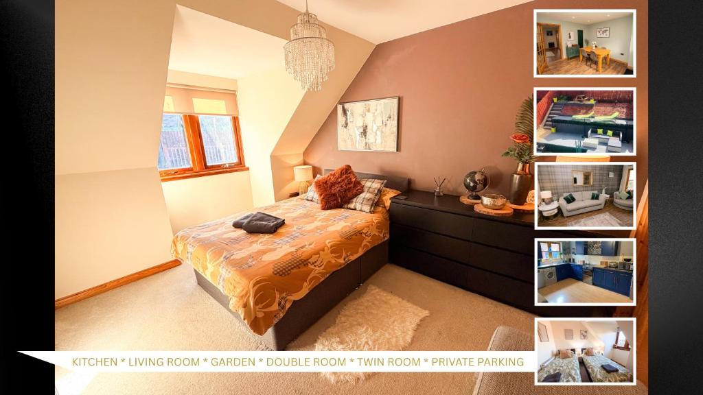 a collage of pictures of a bedroom with a bed at Inverness Holiday House - 2 Bedroom in Inverness