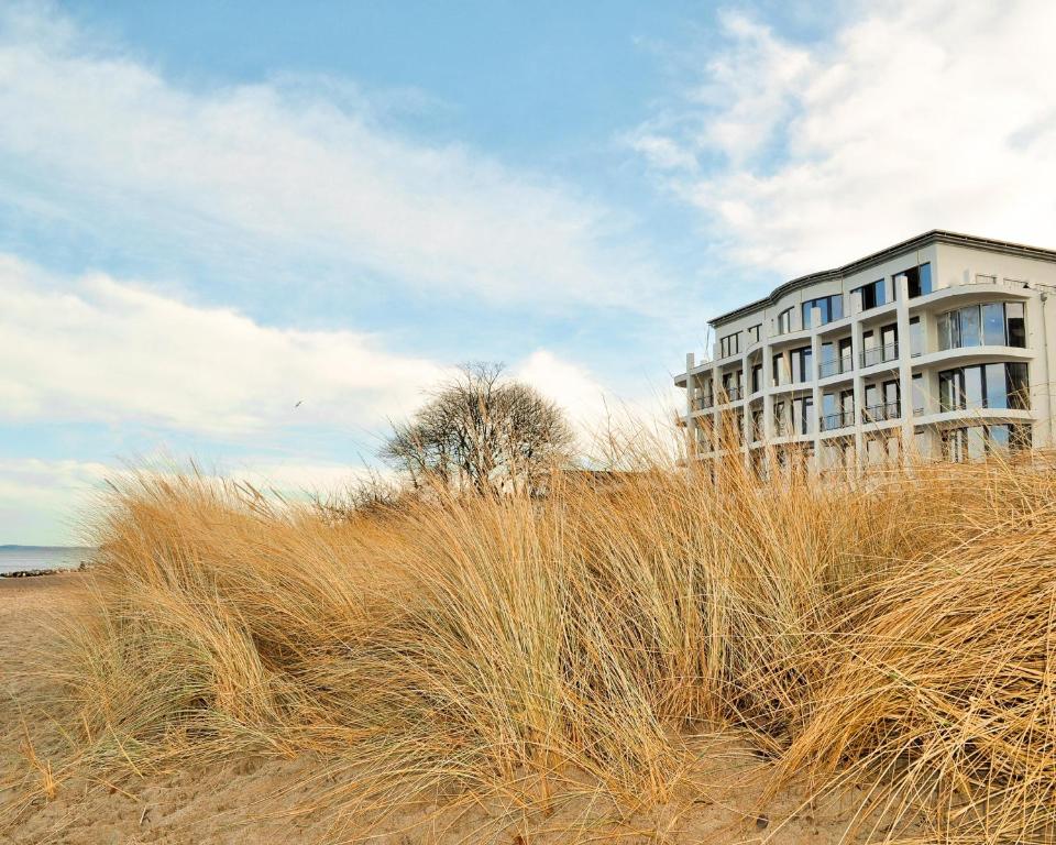 a building sitting on top of a field of tall grass at SeeHuus Lifestyle Hotel in Timmendorfer Strand